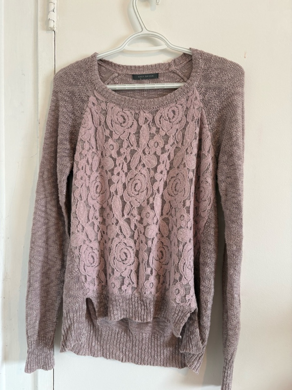 Suzy Shier Dusty Rose Lace-Front Crewneck Sweater
